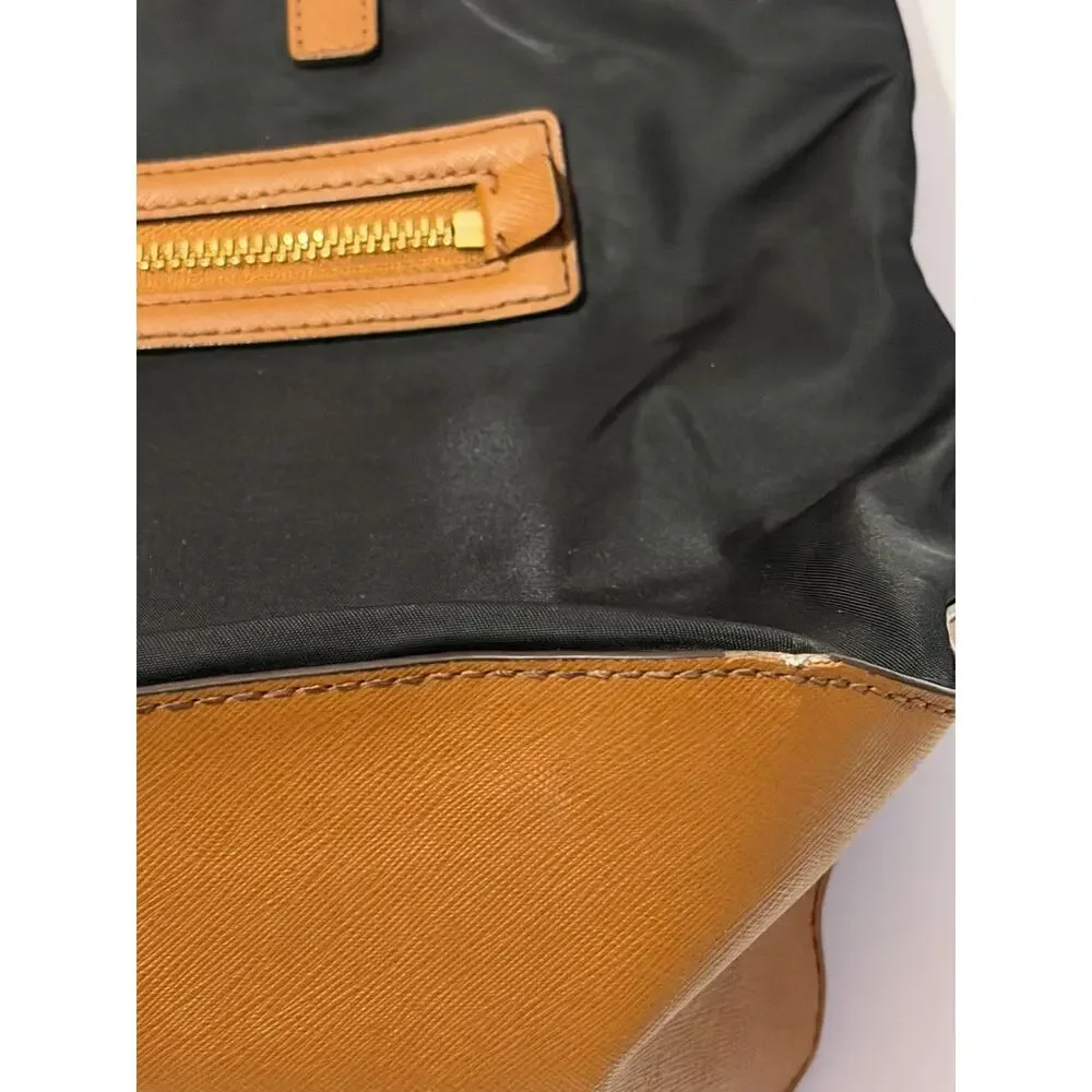Michael Kors Nylon Tote Bag Black Tan Leather Trim Gold Hardware